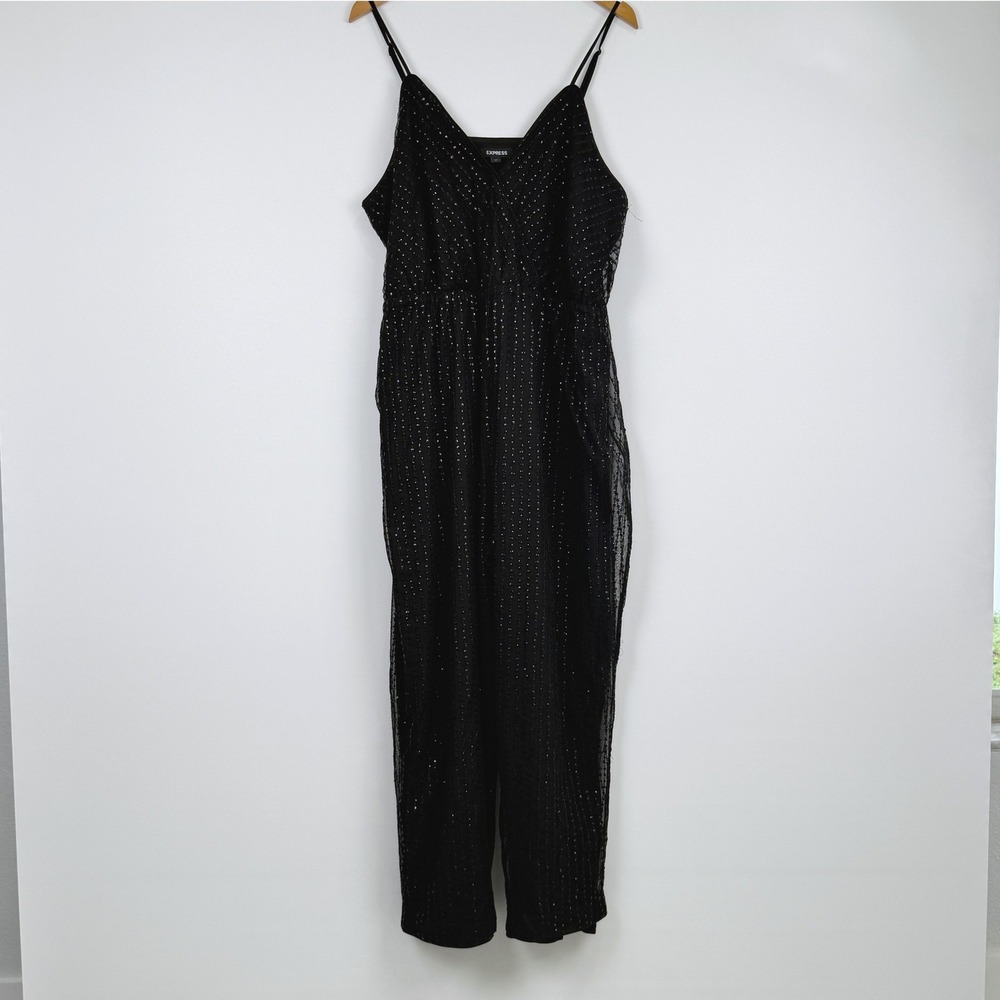 Express Jumpsuit Womens XL Black Sequin Mesh Overlay Adjustable Straps V-Neck